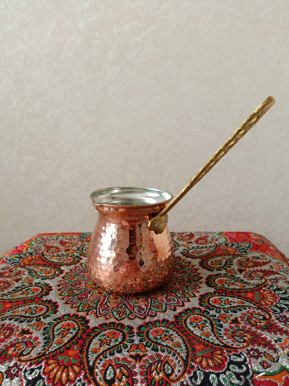 شیرجوش (قهوهجوش) مسی مناسب دمنوش، قهوه و شیر کودک با دسته برنجی و قلع کاری داخل دست ساز زنجان