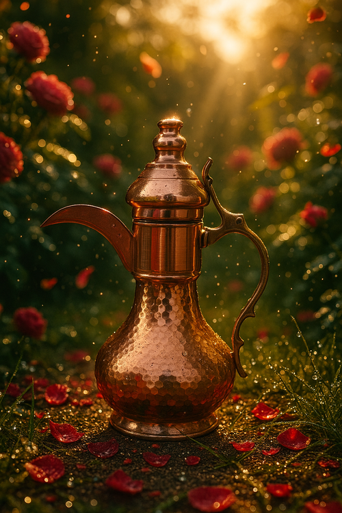 دله عربی مسی چکشی کد MZ60-HAB با گنجایش حدودی ۵۰۰ میلی لیتر مناسب برای صرف قهوه و انواع نوشیدنیهای گرم با دسته برنجی، قلعکاری داخل و روکش نانو دستساز زنجان